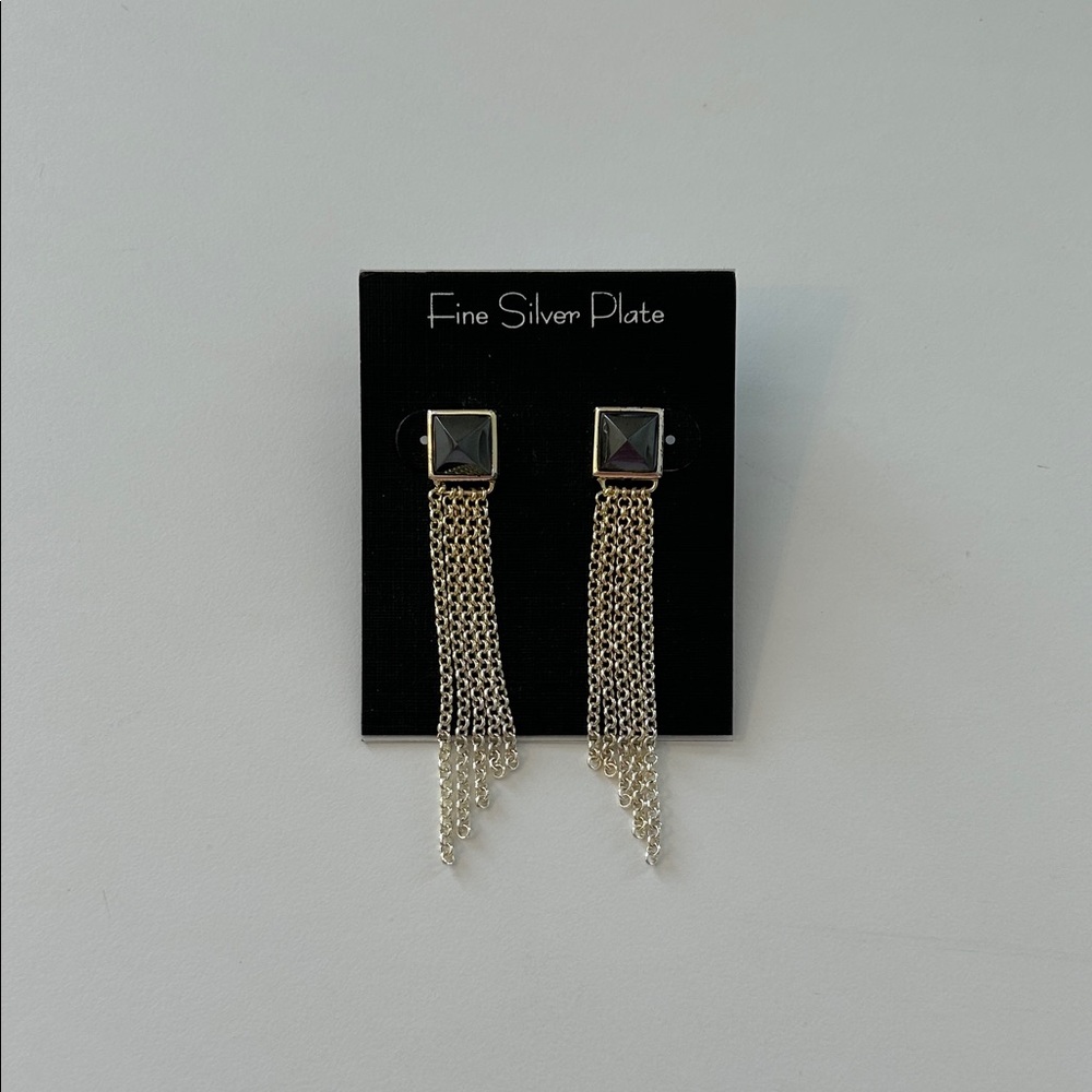 Fine Silver Plate Chain Drop Stud Earrings with Black Pyramid Detail